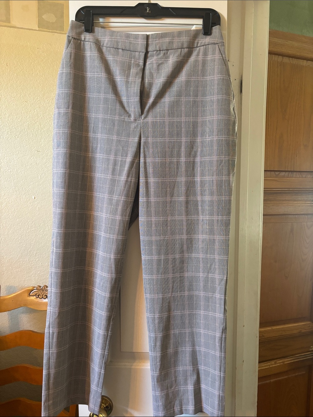 Express Women's Gray Plaid Trousers with Subtle Pink Windowpane